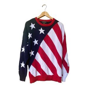 Vintage American Flag Knit Sweater Cotton Red White Blue Stars Stripes Large